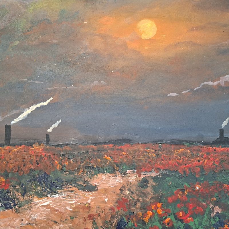 Pintura de un sol sobre un campo de flores rojas, con chimeneas humeando en el horizonte